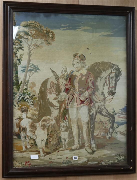 A Victorian needlework panel depicting a huntsman, pony and hounds, 101 x 77cm